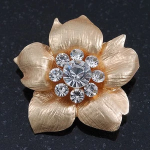 Brushed Gold Crystal Flower Brooch - 3.5cm Diameter - Picture 1 of 4