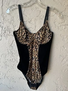 Vintage 80’s Van Raalte Leopard Print Black Velvet Bodysuit Lingerie Sz 38C - Picture 1 of 8