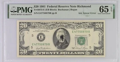 Ink Smear Error 20 twenty Dollars $ 65 EPQ Gem Uncirculated 1981 Small head - Image 1 of 2