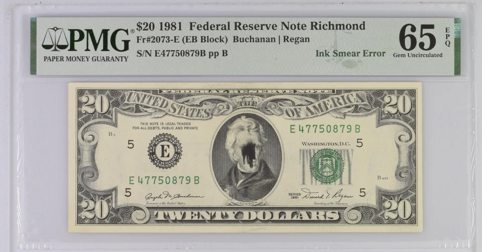 Ink Smear Error 20 twenty Dollars $ 65 EPQ Gem Uncirculated 1981 Small head - Image 1 of 2