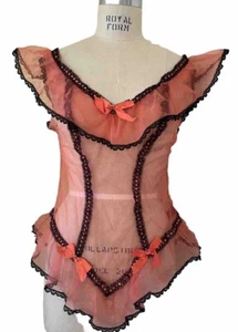 Vtg 70s Sheer Coral Nylon & Black Lace Babydoll Lingerie Short Nightie M Flirty - Picture 1 of 11