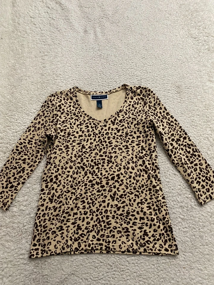 Blusa Pullover Karen Scott Mujer Manga 3/4 Estampado Leopardo Cuello en V Beige Talla XS Foto 1 de 4