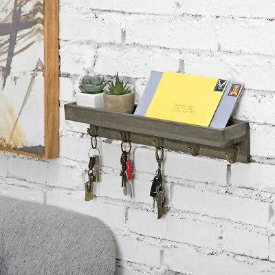 16-Inch Vintage Gray Wood Wall-Mounted Ledge Shelf Mail Holder and 4 Key Hooks - Image 1 of 4