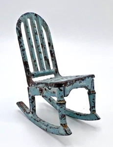 Arcade Cast Iron Dollhouse Blue Rocking Chair, Chipped Paint 1920s Toy - Picture 1 of 5