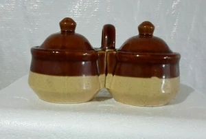 Vintage Dark Brown & Tan Stoneware Pottery Twin Jelly/Jam Condiment Serving Set - Picture 1 of 7