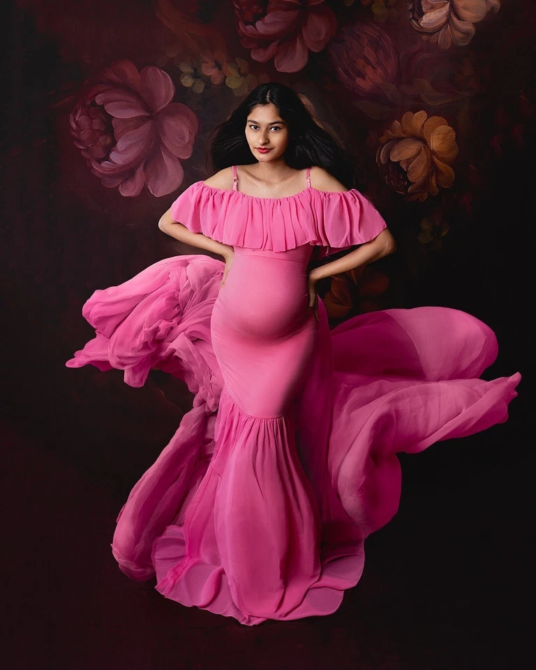 Maternity Dress Ruffles Gown Photo Prop Baby Shower Off Shoulder Pink XL - Image 1 of 4