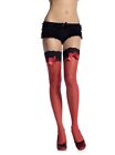 Red Sheer Thigh High Stockings W/Black Lace & Bow Top, Burlesque, Valentines
