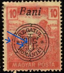 Romanian Hungary 1919 MAGYAR POSTA 10 Ist.Ed. PLATE FLAW: "ARROWED SEGMENT" - Picture 1 of 5