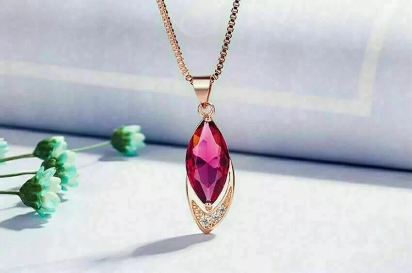 2Ct Marquise Lab Created Red Ruby Women's Gift Pendant 14K Rose Gold Plated 18" - Image 1 of 4
