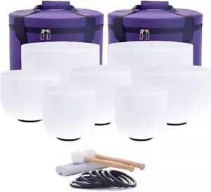 7 Pcs 7"-12" Set of Chakra Frosted Quartz Crystal Singing Bowl Set W/Bag - Picture 1 of 8