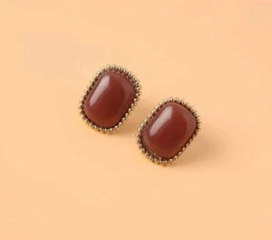 Clip on 1" gold and brown square stone button style earrings - Picture 1 of 4