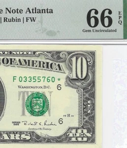 1995 $10 ATLANTA * STAR * ⭐️ FRN. PMG GEM Uncirculated 66 EPQ Banknote. SCARCE - Picture 1 of 3