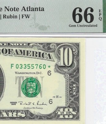 1995 $10 ATLANTA * STAR * ⭐️ FRN. PMG GEM Uncirculated 66 EPQ Banknote. SCARCE - Image 1 of 3