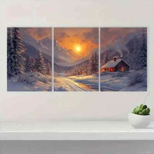 3pcs Snowy Mountain Landscape Cozy Cabin Scene Metal Print Ready to Hang Art - Picture 1 of 8