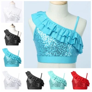 Kids Girls Sequin Tank Tops Dance Asymmetrical Performance Crop Top Dancewear - Picture 1 of 25