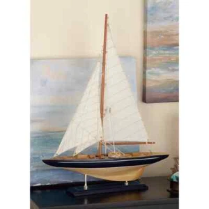 Wood Sail Boat Decorative Sculpture Beige Navy Accents Lifelike Rigging - Picture 1 of 4