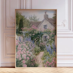 Rosa Aquarell Blumen Cottagecore Bauernhaus Blumengarten Wandkunstdruck Poster - Bild 1 von 5