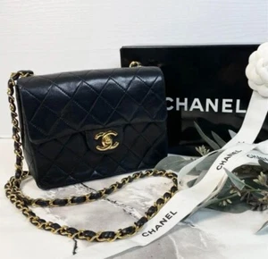 CHANEL Mini Matelasse Single Flap Chain Shoulder Bag Leather lambskin W/Box - Picture 1 of 9