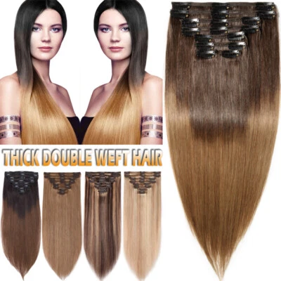 Extensiones de cabello humano suave real Remy cabeza completa clip grueso doble trama ombre Foto 1 de 4