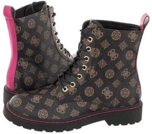 Guess Rambo Brown Pink 4G Logo Leather Womens Combat Boots - Picture 1 of 7