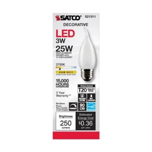 Satco S21311 - 3 Watt LED CA10 Decorative Light bulbs- 2700K - 6 Pack - Picture 1 of 7