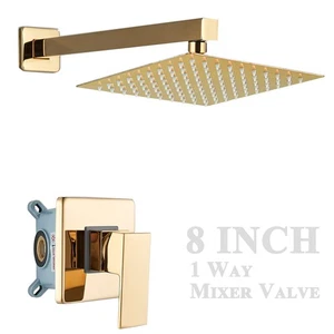 Gold Shower Faucet Set 8" Rain Shower Head Combo with Mixer Valve kit Wall Mount - Picture 1 of 14