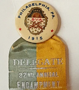 1915 SONS OF VETERANS CIVIL WAR 32rd ENCAMPMENT BUTTON PIN MEDAL; Philadelphia - Picture 1 of 3
