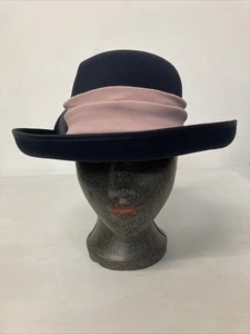 First Avenue Classics hat in navy blue with Mauve ribbon band And Bow detail - Picture 1 of 8