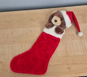 Vintage Christmas Stocking Plush Teddy Bear 3D Brown Red White Santa Hat 19" - Picture 1 of 8