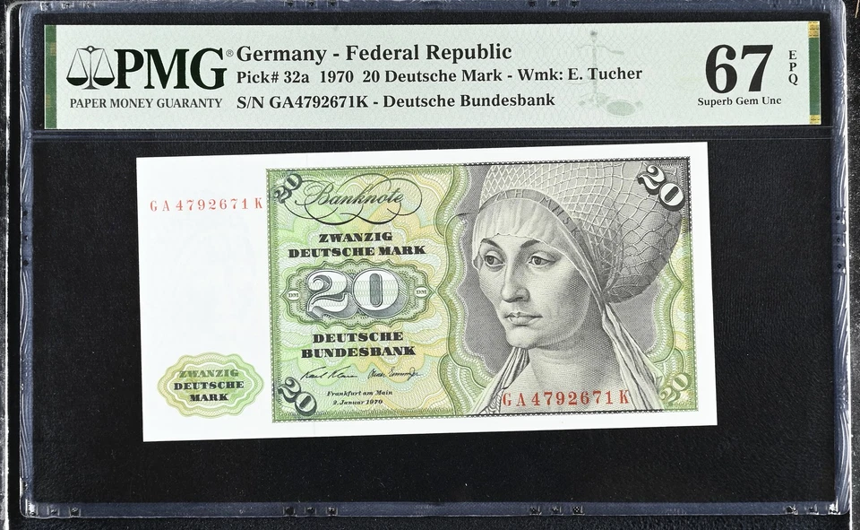 Germany Federal Republic 20 Deutsche Mark 1970 P 32a UNC PMG 67 EPQ 3rd TOP POP - Image 1 of 4