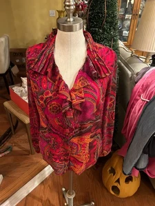 ColdWater Creek Ruffle Vivid Paisley Printed Blouse Shirt Top PM (10-12) . lined - Picture 1 of 7