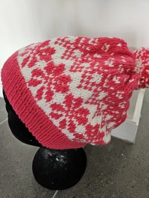 HAND KNITTED FAIRISLE PURE WOOL BEANIE (large) Pink And White - image 1 of 4