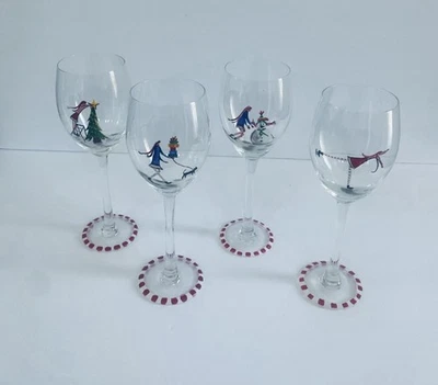 Gibson Hand Painted Christmas Scene Wine Glasses Set Of 4 - Image 1 of 4