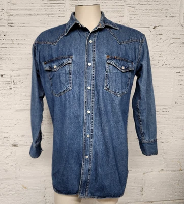 Vintage Key Men's Size LR Denim Western Long Sleeve Pearl Snap Shirt - Image 1 of 4