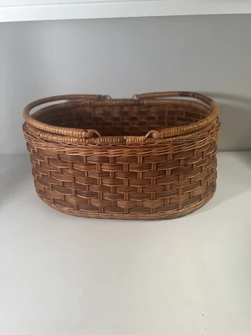 Large Vintage Woven Wicker Basket Swing Handles 17x12x7 Gathering Picnic Cover
