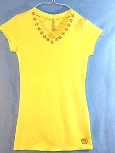 T-shirt softball giallo fluo strass ragazza scollo a V maglietta junior bambino costina grande - Foto 1 di 4