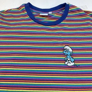 The SMURFS Colorful Striped Angry Smurf Cartoon TEE T SHIRT Sz Unisex L  - Picture 1 of 4
