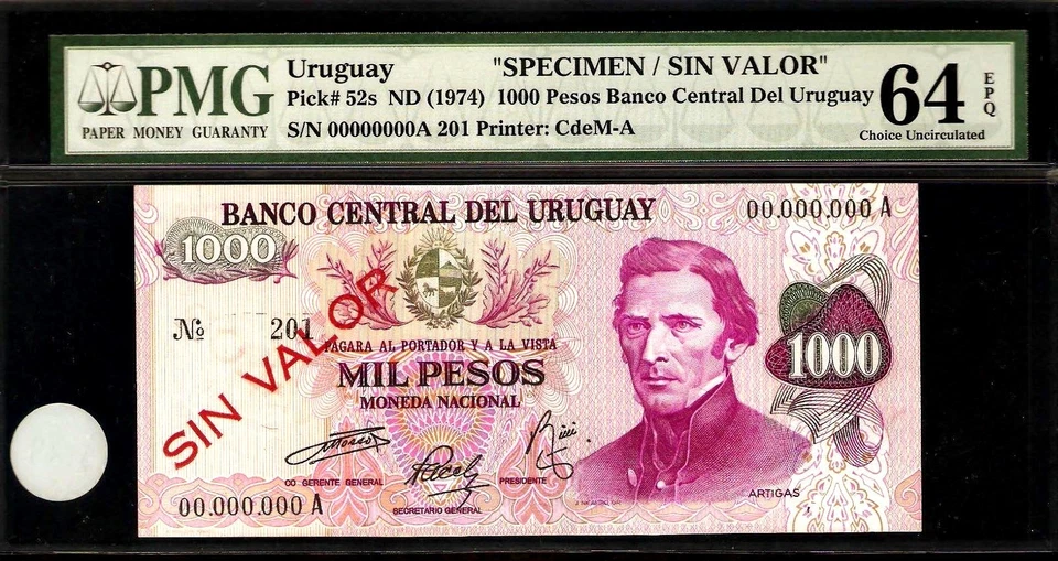 Uruguay 1000 Pesos 1974 SPECIMEN PMG 64 EPQ UNC Pick # 52s S/N 00000000A 201 - Image 1 of 2