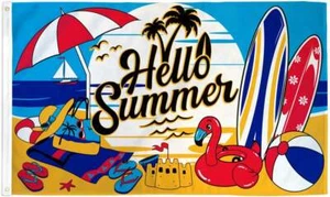 "HELLO SUMMER" flag 3x5 ft polyester banner sign beach chairs surf sand fun - Picture 1 of 5
