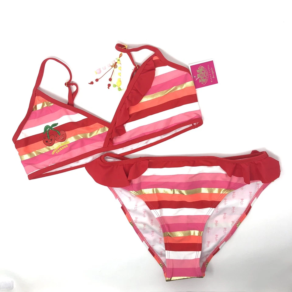 NUEVO CON ETIQUETAS Juicy Couture Etiqueta Negra Niñas 14 2 Piezas Traje de Baño Bikini Rosa Rayas Cereza K Foto 1 de 4