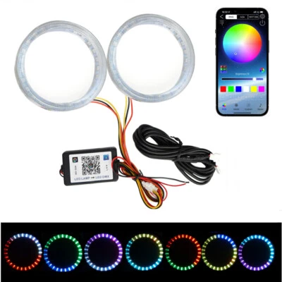 2x 60/70/80/90/95/100/110/120mm RGB LED Angel Eye Halo Ring Light APP Control - Image 1 of 4
