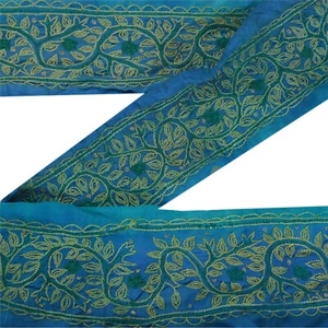 Sanskriti Vintage 1 Yd Sari Border Craft Hand Beaded Trim Sewing Blue Lace - Picture 1 of 8