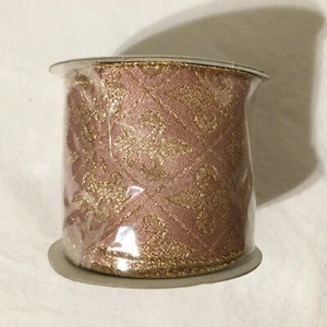 NEW Frank's Ribbon Mauve Dusty Pink Gold Metallic Fleur De Lis 3 Yards 2.5" Wide - Picture 1 of 4