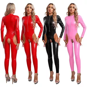 Damen Wetlook Bodysuit Catsuit Lack Leder Overall Langarm Jumpsuit mit Zipper - Bild 1 von 41