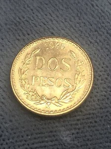 1945 MEXICO DOS PESOS GOLD COIN .900 Fine 1.7 Grams - Picture 1 of 8