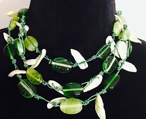 Handmade Necklace, Shell Rope Beaded, Green, Choker, Multi-strand Necklace - Picture 1 of 11