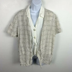 Vtg Promises Petite Womens Top Sz 14P Tan Black Plaid Button Front Short Sleeve - Picture 1 of 12