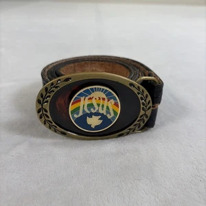 Vntg Aminco Buckles 1980 Solid Brass Jesus Rainbow Belt Buckle & Leather Belt - Picture 1 of 12