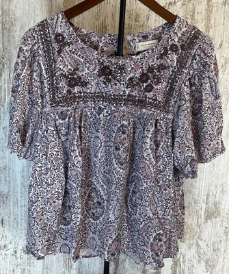 Lucky Brand Blue Floral Boho Top Cutout Keyhole Short Flutter Sleeve Sz XL - Image 1 of 4