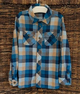 Eddie Bauer Plaid Flannel Button Up Shirt Boys XS 5/6 Blue Tan Hiking Camping - Picture 1 of 6